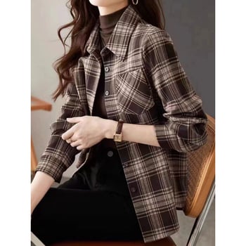 Cămașă în carouri, stil cardigan/urban, mâneci lungi, guler polo, croială lejeră, lungime 50–65 cm, poliester