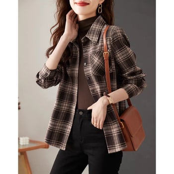 Cămașă în carouri, stil cardigan/urban, mâneci lungi, guler polo, croială lejeră, lungime 50–65 cm, poliester