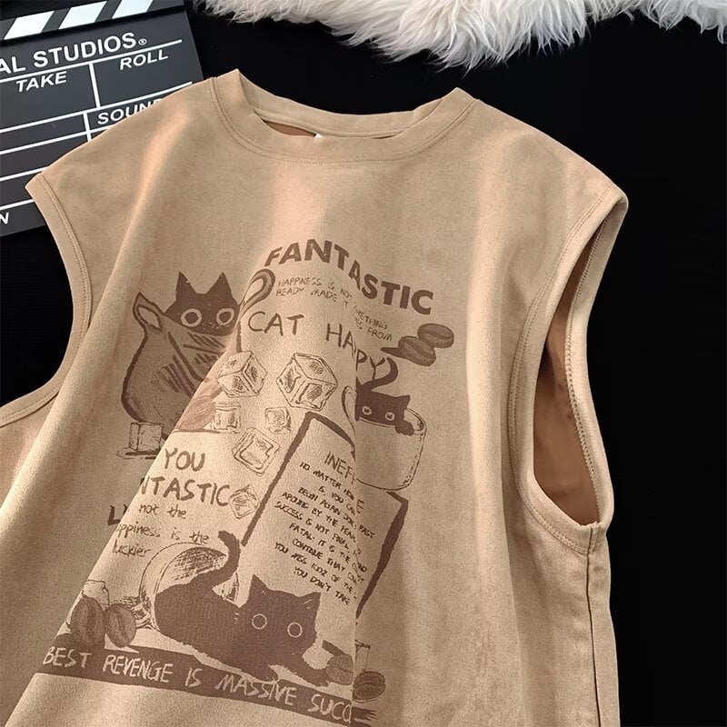 T-shirt veste bez rukava, slobodan kroj, karikatura print, korduroj tkanina (96% poliester), ljetni ležerni stil
