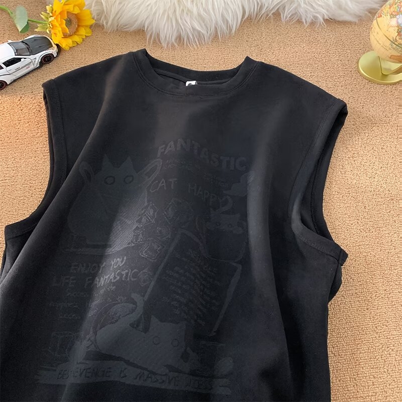 T-shirt veste bez rukava, slobodan kroj, karikatura print, korduroj tkanina (96% poliester), ljetni ležerni stil
