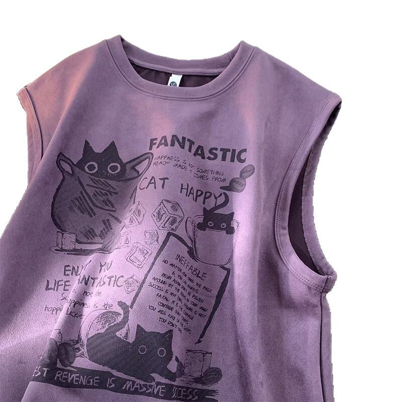 T-shirt veste bez rukava, slobodan kroj, karikatura print, korduroj tkanina (96% poliester), ljetni ležerni stil