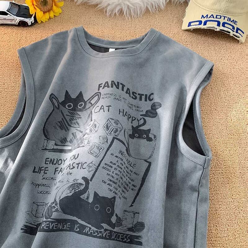 T-shirt veste bez rukava, slobodan kroj, karikatura print, korduroj tkanina (96% poliester), ljetni ležerni stil