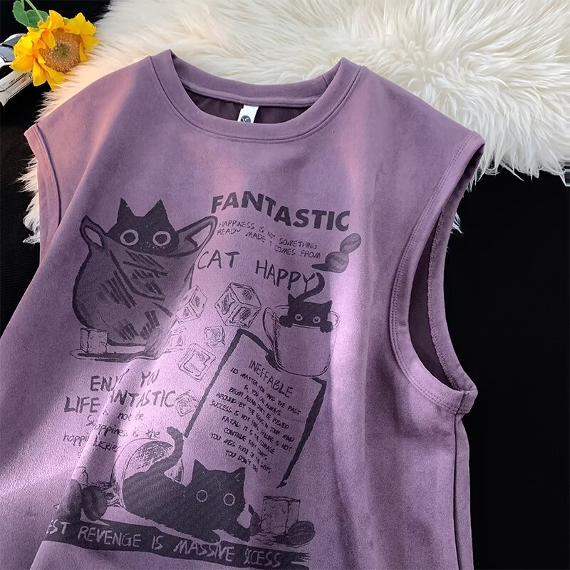 T-shirt veste bez rukava, slobodan kroj, karikatura print, korduroj tkanina (96% poliester), ljetni ležerni stil