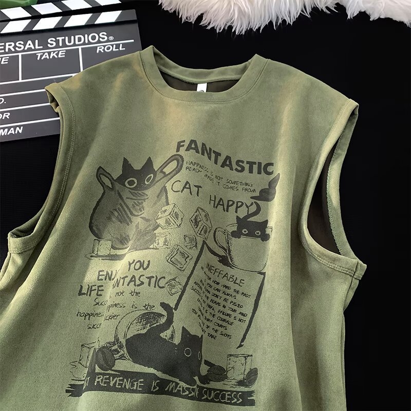 T-shirt veste bez rukava, slobodan kroj, karikatura print, korduroj tkanina (96% poliester), ljetni ležerni stil
