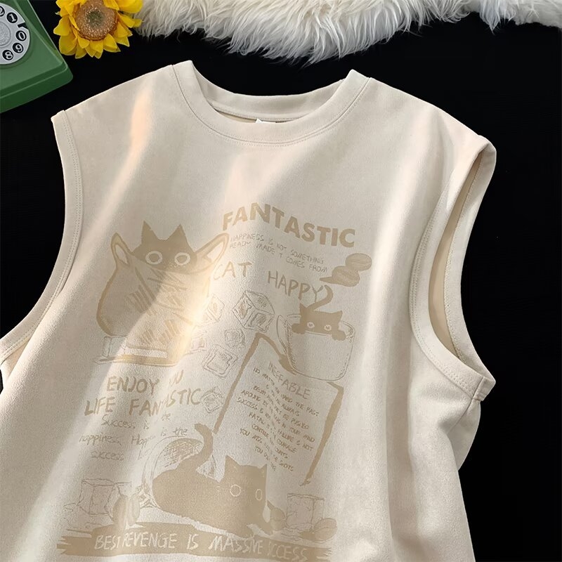 T-shirt veste bez rukava, slobodan kroj, karikatura print, korduroj tkanina (96% poliester), ljetni ležerni stil