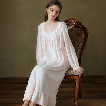 Noćna haljina za proljeće i jesen, dugi rukavi, duga haljina, plet od pamuka, kvadratni ovratnik, francuski kraljevski stil princeze, širok kroj, za djevojčice