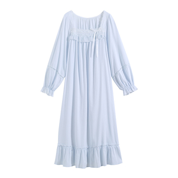 Noćna haljina za proljeće i jesen, dugi rukavi, duga haljina, plet od pamuka, kvadratni ovratnik, francuski kraljevski stil princeze, širok kroj, za djevojčice