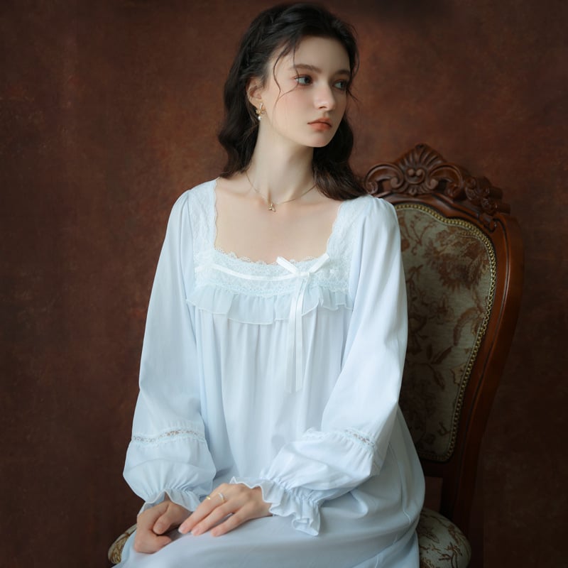 Noćna haljina za proljeće i jesen, dugi rukavi, duga haljina, plet od pamuka, kvadratni ovratnik, francuski kraljevski stil princeze, širok kroj, za djevojčice