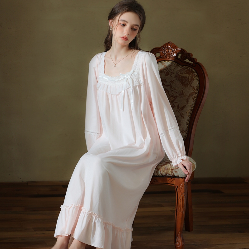 Noćna haljina za proljeće i jesen, dugi rukavi, duga haljina, plet od pamuka, kvadratni ovratnik, francuski kraljevski stil princeze, širok kroj, za djevojčice