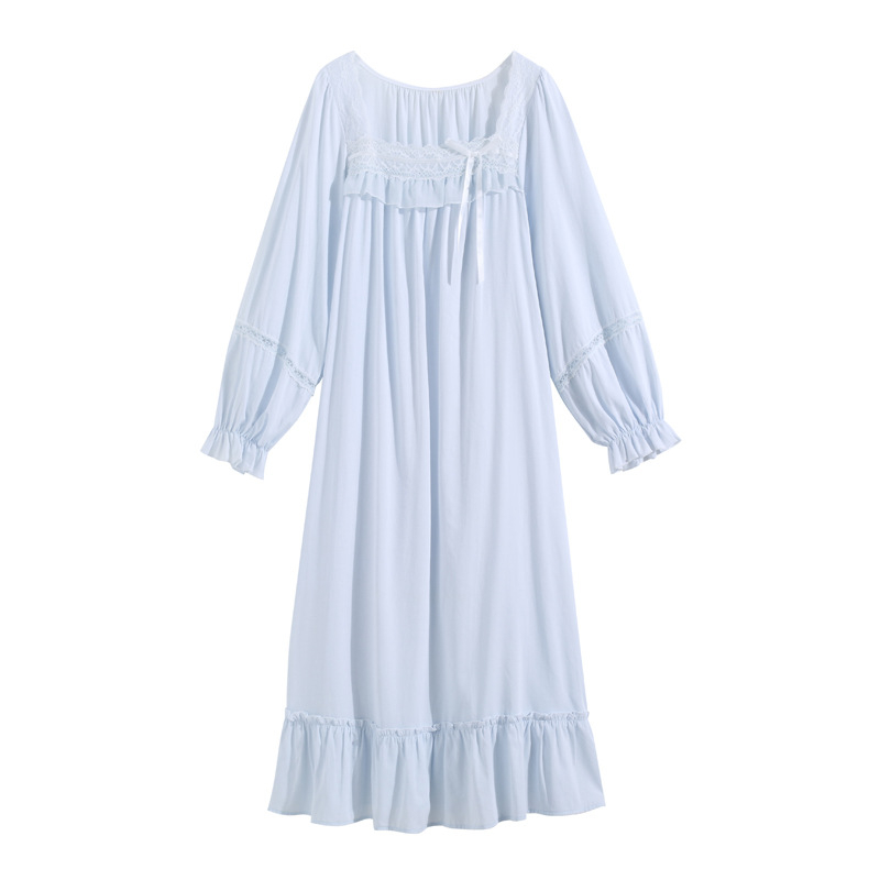 Noćna haljina za proljeće i jesen, dugi rukavi, duga haljina, plet od pamuka, kvadratni ovratnik, francuski kraljevski stil princeze, širok kroj, za djevojčice