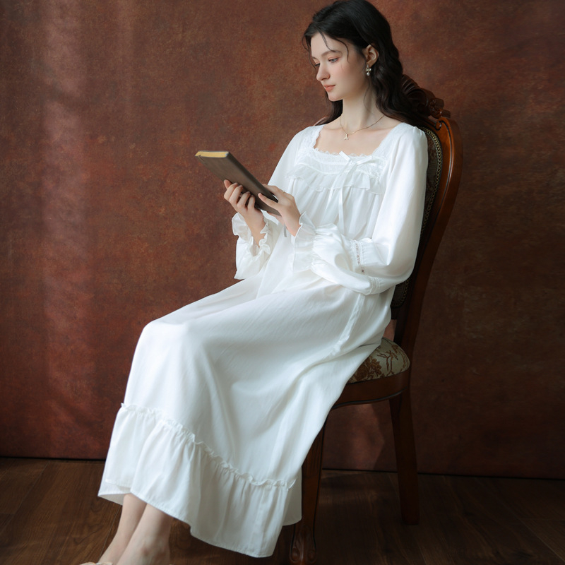 Noćna haljina za proljeće i jesen, dugi rukavi, duga haljina, plet od pamuka, kvadratni ovratnik, francuski kraljevski stil princeze, širok kroj, za djevojčice