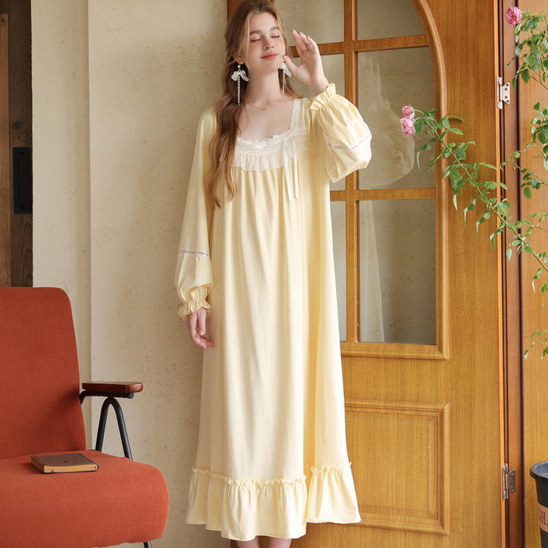 Noćna haljina za proljeće i jesen, dugi rukavi, duga haljina, plet od pamuka, kvadratni ovratnik, francuski kraljevski stil princeze, širok kroj, za djevojčice