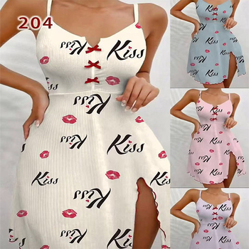 Ženski set kućnih pidžama s otiskom usana i kontrastnim bojama, europsko-američki stil, camisole top s V izrezom i prednjim otvorom, ljetna kućna odjeća