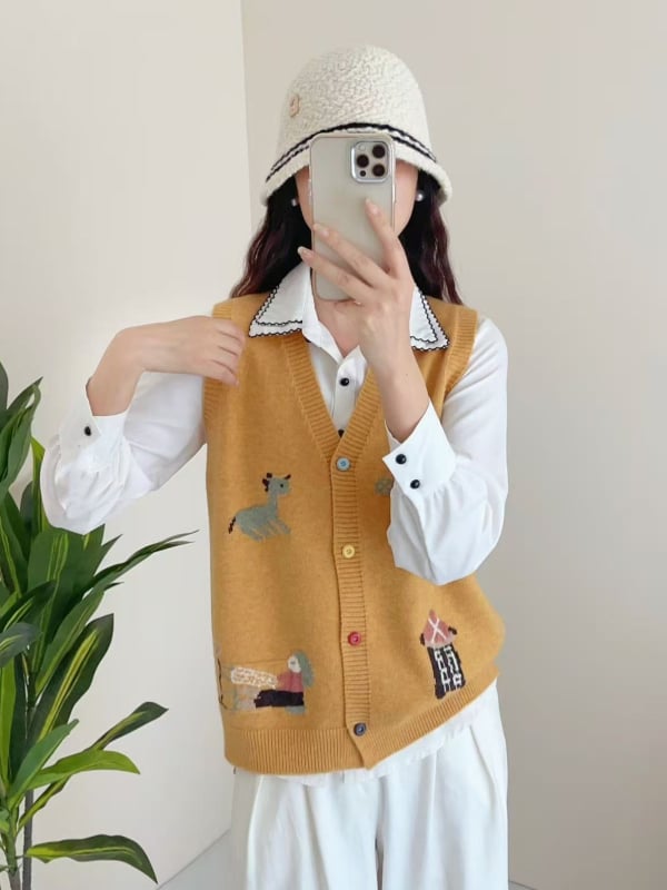 Pletena ženska vesta bez rukava, V-izrez, pamuk 95%+, književno retro stil, duljina 50–65 cm