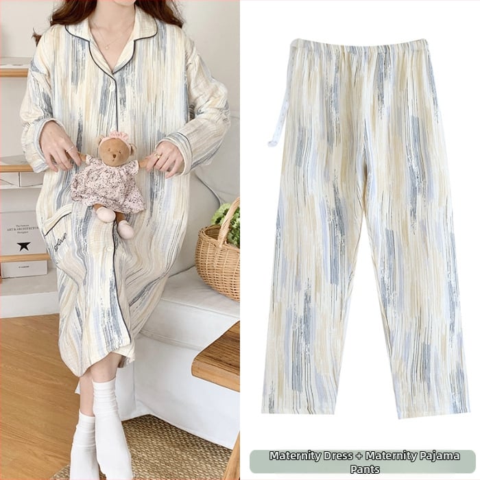 Σετ δύο τεμαχίων μετά τον τοκετό από 100% βαμβάκι: φούστα με παντελόνια από γάζα διπλού επιπέδου, νυχτικό θηλασμού για καλοκαίρι