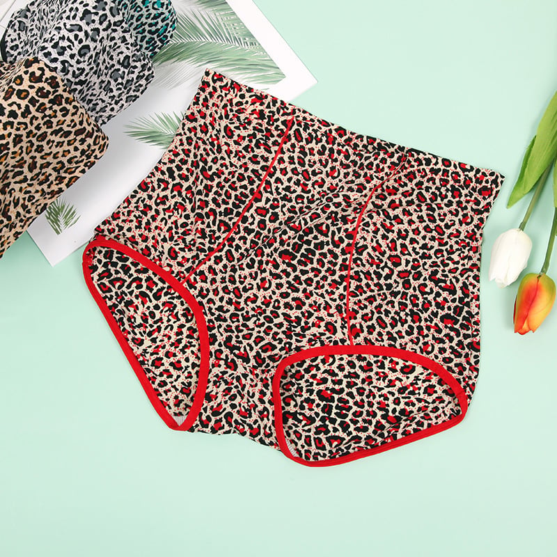 7554 Ženske ljetne gaćice s leopard uzorkom, visokim strukom, prozračne, pamuk na preponi, rashladna Ice Silk tkanina, velika veličina