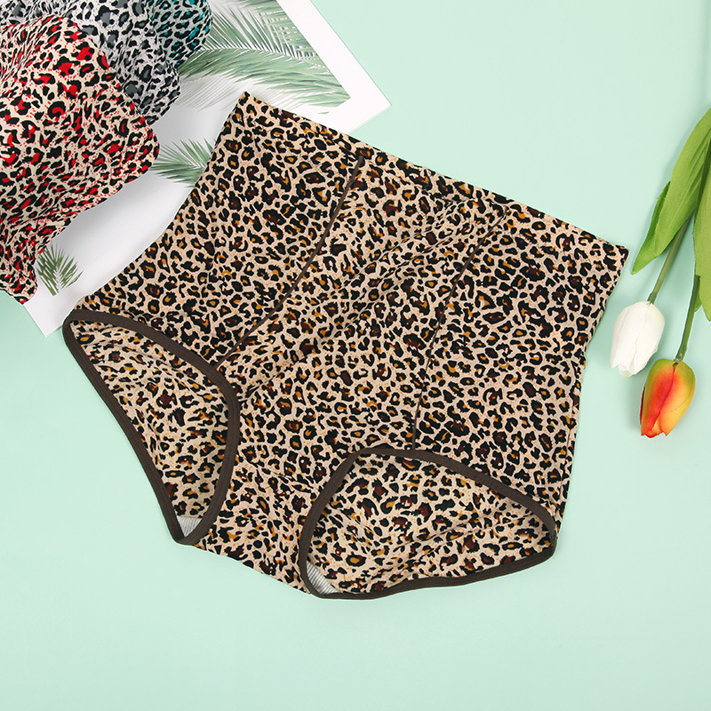 7554 Ženske ljetne gaćice s leopard uzorkom, visokim strukom, prozračne, pamuk na preponi, rashladna Ice Silk tkanina, velika veličina