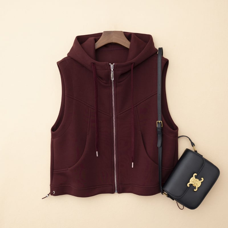 Korejskog stila kapuljačasti kardigan-vest sa zipom, pleteni, duljina 50–65 cm, pamukova smjesa 50–70%