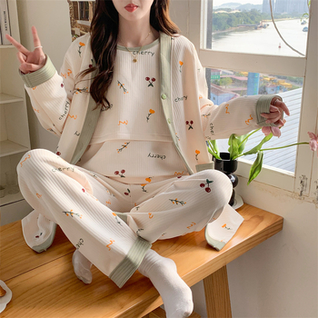 Σετ πυτζάμας εγκυμοσύνης και θηλασμού — μακρύ μανίκι, τριών τεμαχών, ύφασμα Air Cotton, πολυεστέρας 95–100%, φθινόπωρο 2024