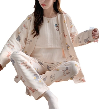 Σετ πυτζάμας εγκυμοσύνης και θηλασμού — μακρύ μανίκι, τριών τεμαχών, ύφασμα Air Cotton, πολυεστέρας 95–100%, φθινόπωρο 2024