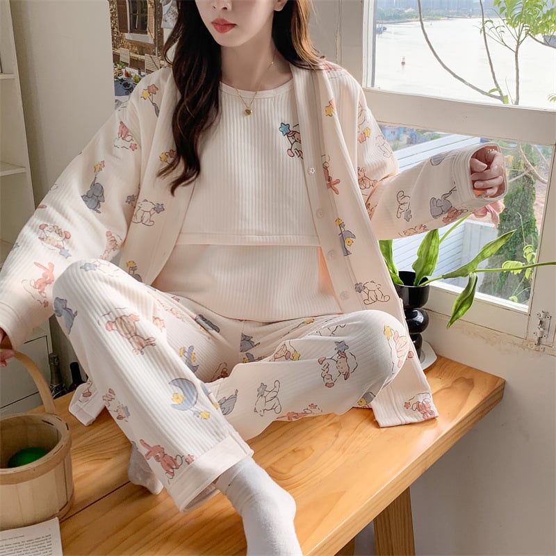 Σετ πυτζάμας εγκυμοσύνης και θηλασμού — μακρύ μανίκι, τριών τεμαχών, ύφασμα Air Cotton, πολυεστέρας 95–100%, φθινόπωρο 2024