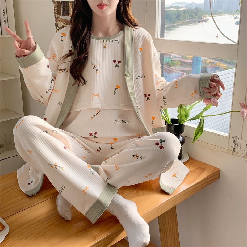 Σετ πυτζάμας εγκυμοσύνης και θηλασμού — μακρύ μανίκι, τριών τεμαχών, ύφασμα Air Cotton, πολυεστέρας 95–100%, φθινόπωρο 2024