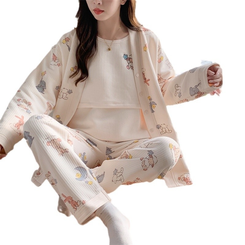 Σετ πυτζάμας εγκυμοσύνης και θηλασμού — μακρύ μανίκι, τριών τεμαχών, ύφασμα Air Cotton, πολυεστέρας 95–100%, φθινόπωρο 2024