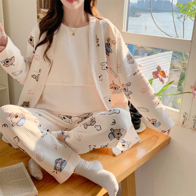 Σετ πυτζάμας εγκυμοσύνης και θηλασμού — μακρύ μανίκι, τριών τεμαχών, ύφασμα Air Cotton, πολυεστέρας 95–100%, φθινόπωρο 2024