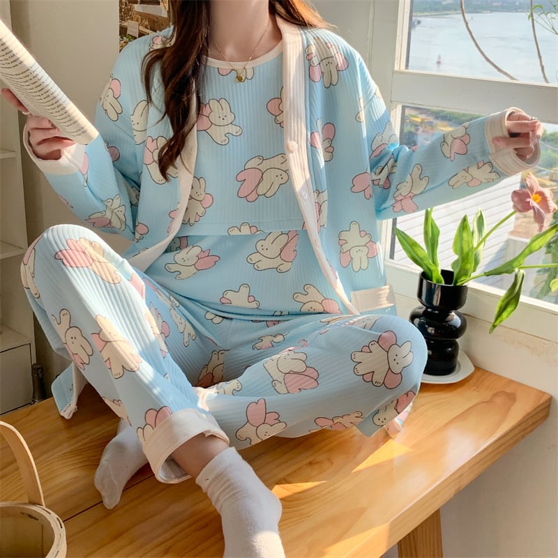 Σετ πυτζάμας εγκυμοσύνης και θηλασμού — μακρύ μανίκι, τριών τεμαχών, ύφασμα Air Cotton, πολυεστέρας 95–100%, φθινόπωρο 2024