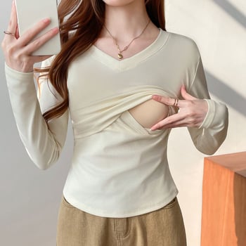 Žindymo marškinėliai rudens–žiemos sezonui, V kaklo linija, ilgomis rankovėmis, 95% medvilnė, siauras kirpimas, žindymo angos