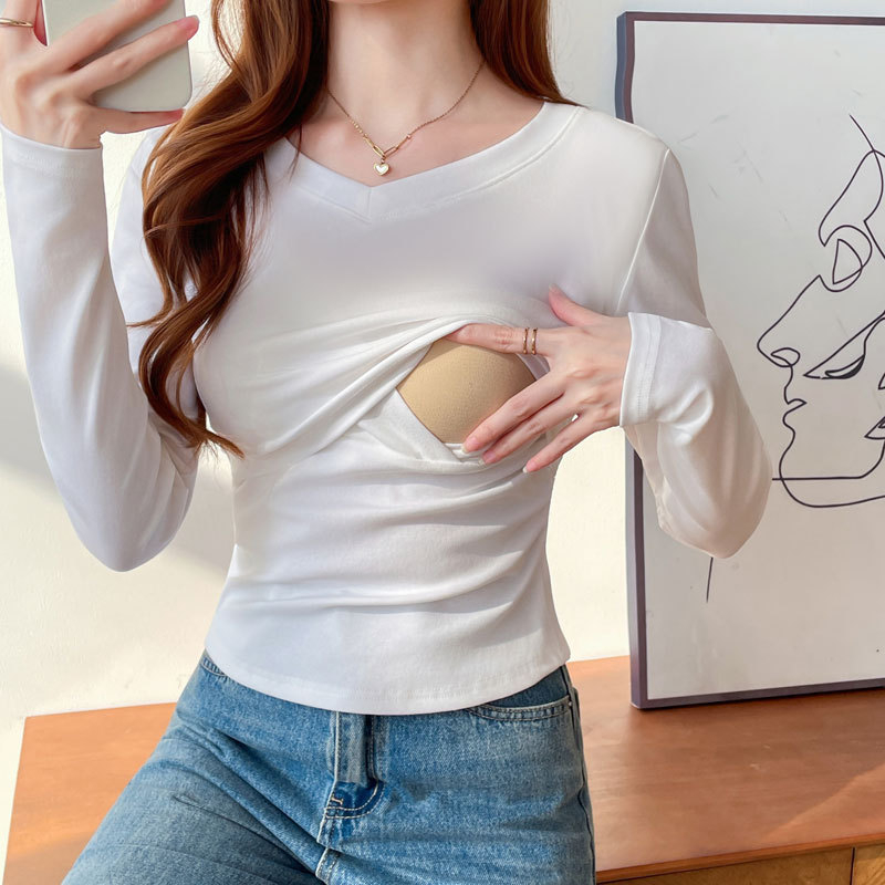 Žindymo marškinėliai rudens–žiemos sezonui, V kaklo linija, ilgomis rankovėmis, 95% medvilnė, siauras kirpimas, žindymo angos