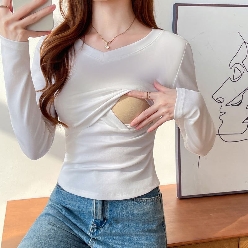 Žindymo marškinėliai rudens–žiemos sezonui, V kaklo linija, ilgomis rankovėmis, 95% medvilnė, siauras kirpimas, žindymo angos