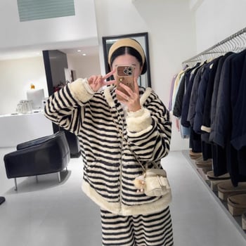 Set pijamale pentru acasă – model cu dungi, stil relaxat, fleece coral, 100% poliester, grosime extra 301–350 g/m²