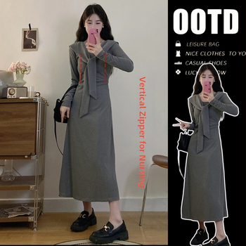 Φόρεμα θηλασμού, γοργόνας σιλουέτα, γιακά φουλάρι, μακριά μανίκια, βαμβακερός ύφασμα