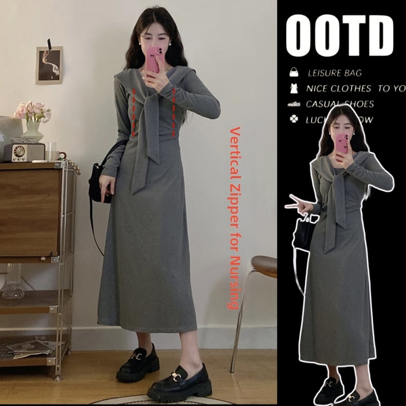 Φόρεμα θηλασμού, γοργόνας σιλουέτα, γιακά φουλάρι, μακριά μανίκια, βαμβακερός ύφασμα