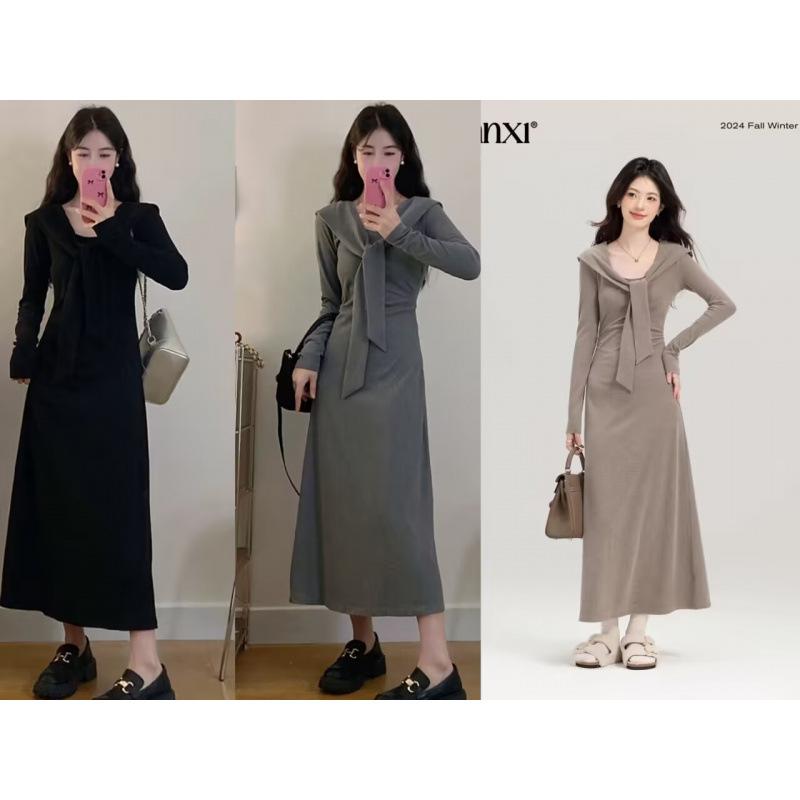 Φόρεμα θηλασμού, γοργόνας σιλουέτα, γιακά φουλάρι, μακριά μανίκια, βαμβακερός ύφασμα