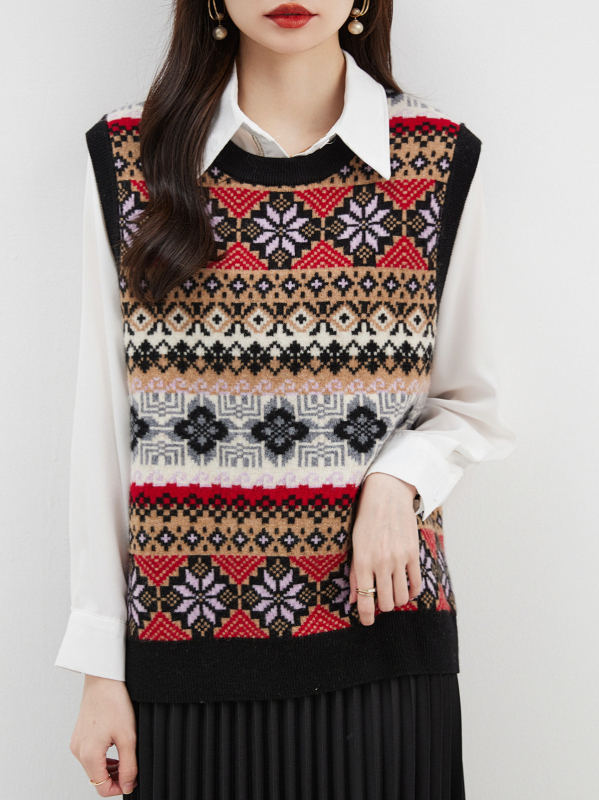 Ženski vest u retro stilu, pull-over stil, okrugli izrez, vuna 95%+, duljina 50–65 cm
