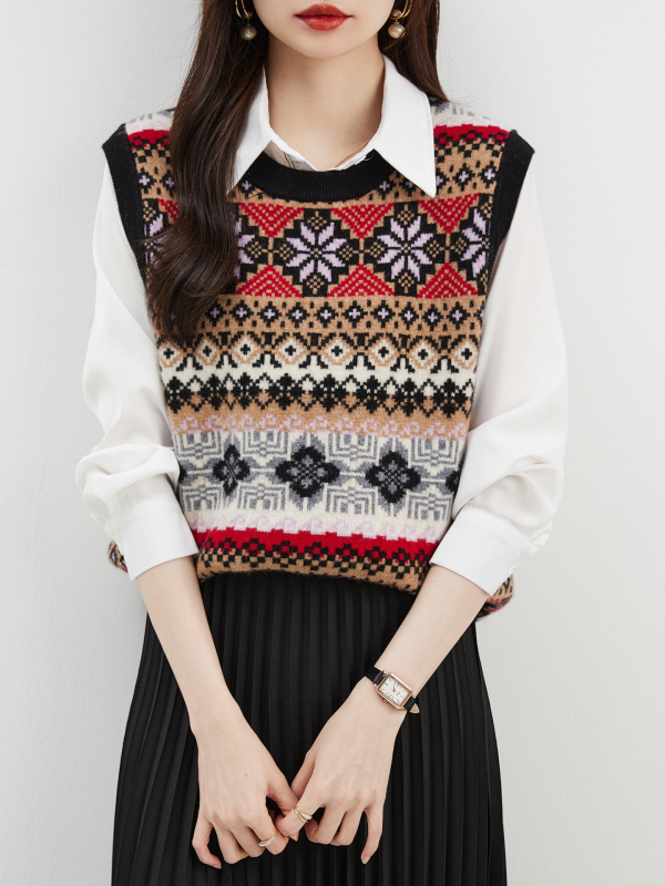 Ženski vest u retro stilu, pull-over stil, okrugli izrez, vuna 95%+, duljina 50–65 cm