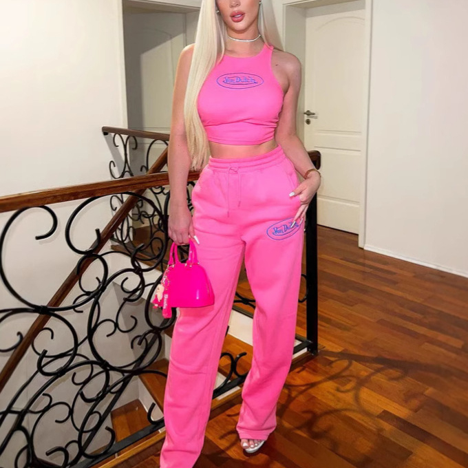 Set din două piese pentru femei hip-hop streetwear: top fără mâneci brodat cu text și pantaloni; croială Slim; poliester 70–80%