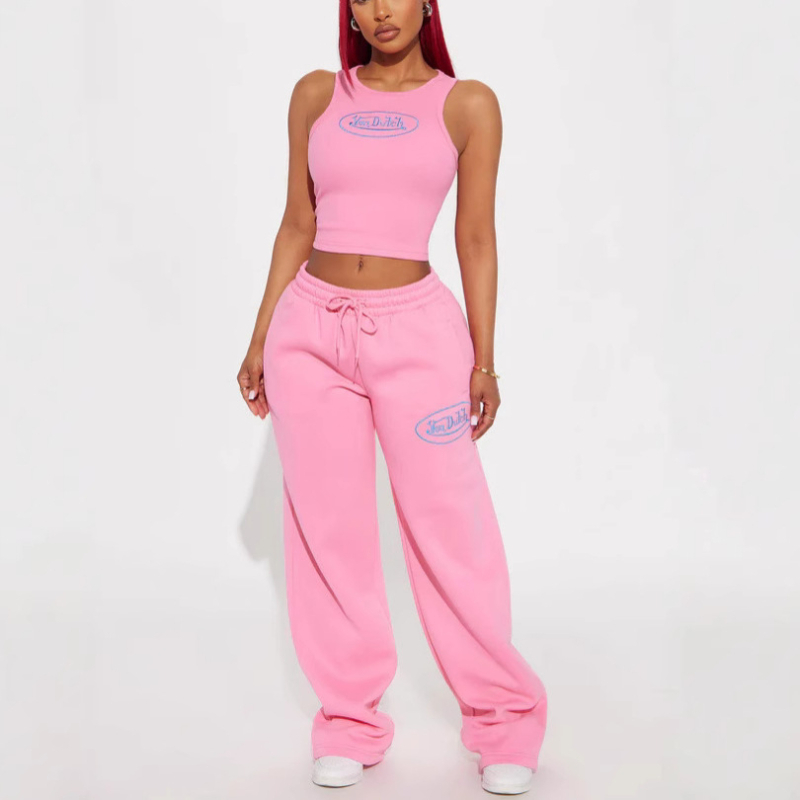 Set din două piese pentru femei hip-hop streetwear: top fără mâneci brodat cu text și pantaloni; croială Slim; poliester 70–80%