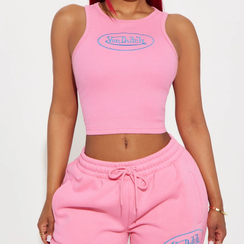 Set din două piese pentru femei hip-hop streetwear: top fără mâneci brodat cu text și pantaloni; croială Slim; poliester 70–80%