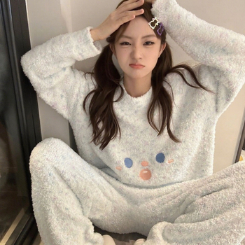 Set de pijamale pentru femei – velur pe jumătate, căptușit cu fleece, broderie cu zâmbet drăguț, guler rotund, mâneci lungi, confortabil și cald pentru casă