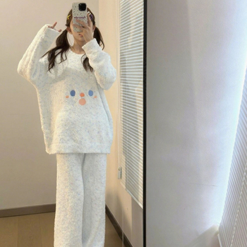 Set de pijamale pentru femei – velur pe jumătate, căptușit cu fleece, broderie cu zâmbet drăguț, guler rotund, mâneci lungi, confortabil și cald pentru casă