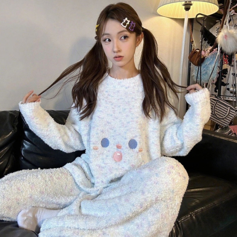 Set de pijamale pentru femei – velur pe jumătate, căptușit cu fleece, broderie cu zâmbet drăguț, guler rotund, mâneci lungi, confortabil și cald pentru casă
