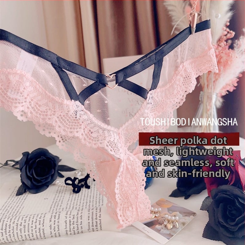 Plus dydžio nėrinių thong su aukšta elastinguma, bangos raštas ir iškirptos dirželiai, permatoma tinkle, žemas juosmuo