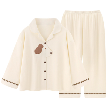 Set de pijamale pentru femei – model brodat, stil drăguț, poliester 90–95%, guler rever