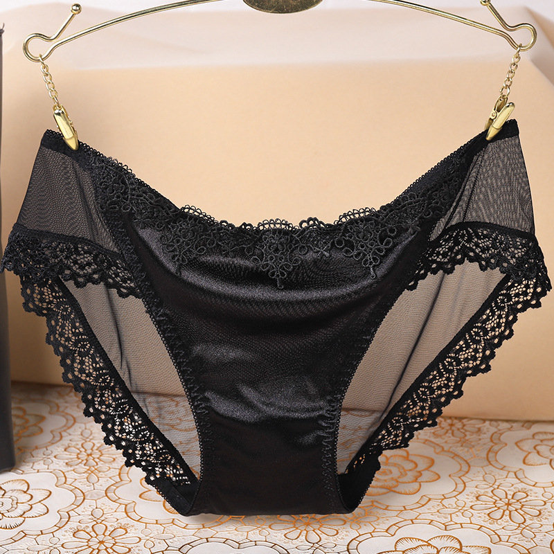 Lenjerie intimă de damă din dantelă transparentă, motiv floral, căptușeală din bumbac în zona genitală, talie joasă, material nylon, potrivită pentru toate anotimpurile