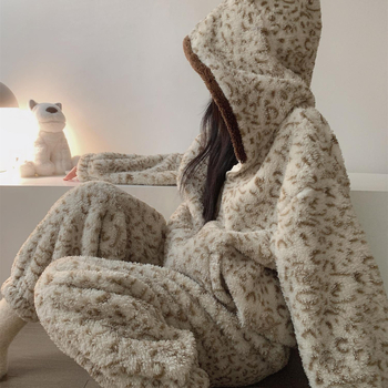 Ženski set pidžama s leopard printom od koralnog fleksa, s kapuljačom, za jesen/zimu, debeli flis, toplo za dom