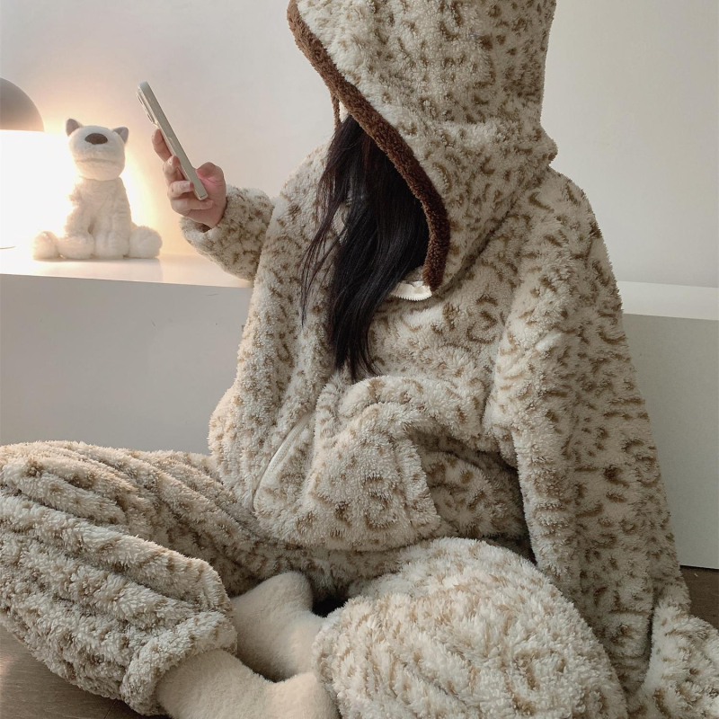 Ženski set pidžama s leopard printom od koralnog fleksa, s kapuljačom, za jesen/zimu, debeli flis, toplo za dom