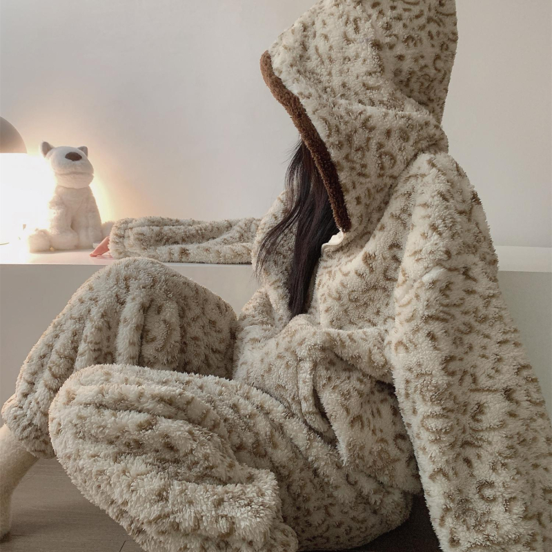 Ženski set pidžama s leopard printom od koralnog fleksa, s kapuljačom, za jesen/zimu, debeli flis, toplo za dom